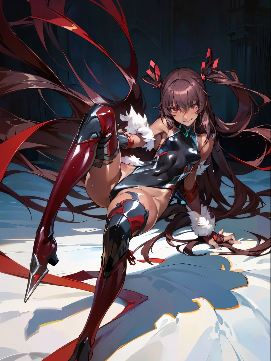 nsfw、(masterpiece, Highest quality, Super detailed:1.3), Perfect composition, 4K, (Very detailed, Super detailed),(Angle from directly below the girl:1.5), Ultra-thin enamel high-leg bodysuit、Ultra-thin long gloves、Knee-high boots, High resolution, 8k Texture, Attention to detail, Very detailed肌の質感, Magnificent details, High Sharpness, One girl, (Fine grain:1.3), (25-year-old woman:1.3),(SM Mistress:1.3)、(A sadistic smile with the corners of the mouth turned up)、(Mouth showing teeth)、(Lift one foot to show the viewer the heel of your heel:1.5)、(Looking down on the viewer:1.3)、(Close-up of heel:1.4)、Nipple swelling、Streaks、(Number of legs: 2)
