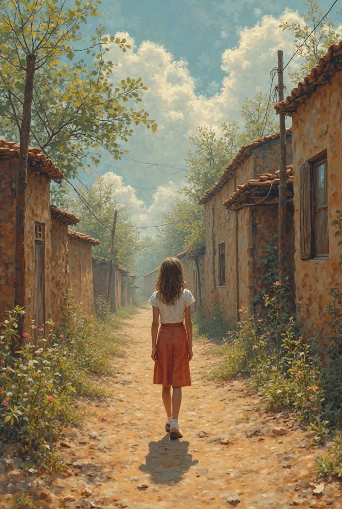 alone in the universe, Paint in watercolor style, Photorealism, discreet golden and ruby and mint shades, (nude) gentle modest thin girl  (with a very beautiful exquisite face) with tender nipples walking barefoot in the distance (around the southern town) early morning (along the houses)