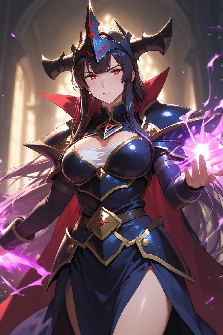 Lian, long black hair, hair stick, bangs, violet eyes, solo, smiling, standing, upper body, hips, bare shoulders,purple thighhighs,violet dress, gold jewelry,armor,gloves,circlet, cleavage, red and gold royal castle, gigantic breasts, (best quality, masterpiece, beautiful and aesthetic:1.2, highest detailed face, perfect face,) eyes, perfect face,expressive eyes,
looking at viewer, in the center of the image,(Upper_body),(Focus on her face),
official art,extremely detailed CG unity 8k wallpaper, perfect lighting,Colorful, Bright_Front_face_Lighting,shiny skin,
(masterpiece:1.0),(best_quality:1.0), ultra high res,4K,ultra-detailed