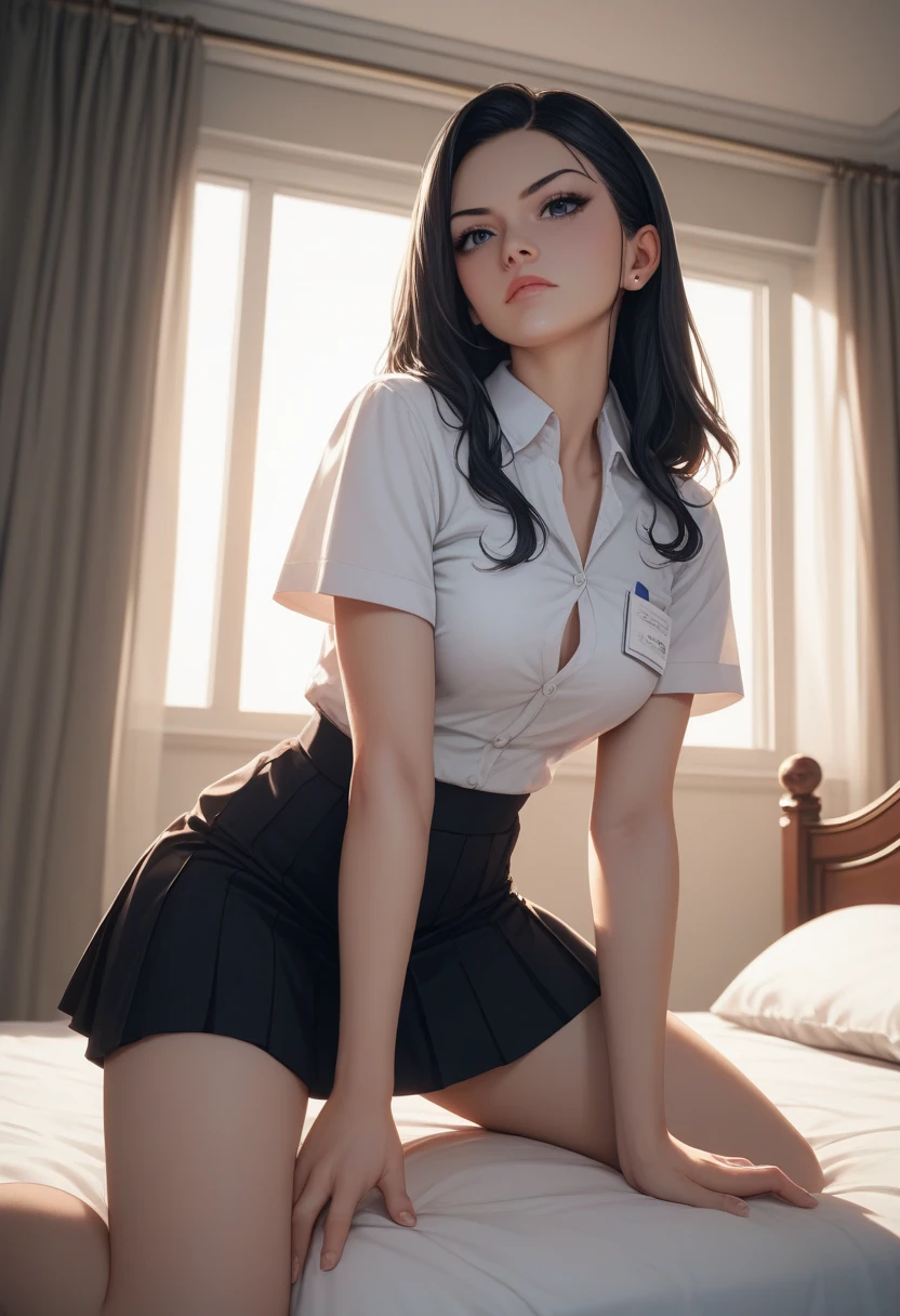 1woman, Young woman sleeping, dark room, moonlight, cold weather, full body, wide angle, shot from above, blanket, warming up by fire, cool tone image, thai university uniform, white short-sleeve shirt, black tight mini skirt, brown suede belt, metal shirt buttons, metal modern plate belt buckle, best quality, high detailed, masterpiece, 8k, superrealistic, emphasize thigh hip bottoms, pantylines, thin transparent shirt, black bra, torn skirt, medium breast