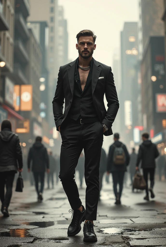(masterpiece) (high resolution) (best quality) Ryan gosling opens his Shirt off in a front of a group Men. Wearing just a suit without a shirt underneath. He gets attention. He is just walking through them on a Street. Everyone wants to interact with ryan. He wears a paded coat with no Shirt inside