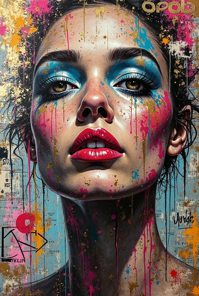masterpiece, best quality, extremely detailed, hyperrealistic, photorealistic, watercolor painting, graffiti art, abstraction, a beautiful 20s russian model, abstracted, oil painting, thick oil, on a colorful background, graffiti art, dripping paint, 3 colors