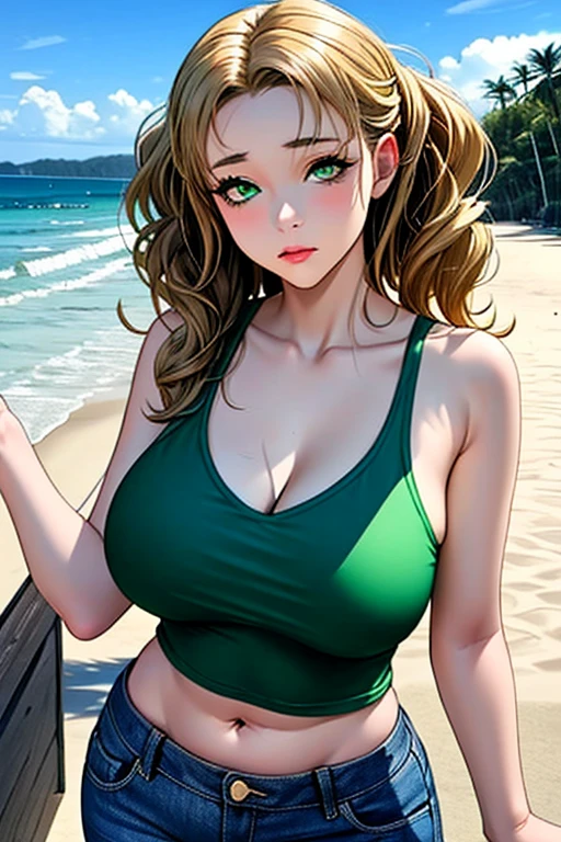 ((best quality)), sexy, brown hair, green eyes, pretty, skimpy bikini, colourful flower field, massive breasts, colours, sexy, upper body, cleavage, sunset god rays, sexy, vibrant, angelic, fluffy clouds, bright, close up