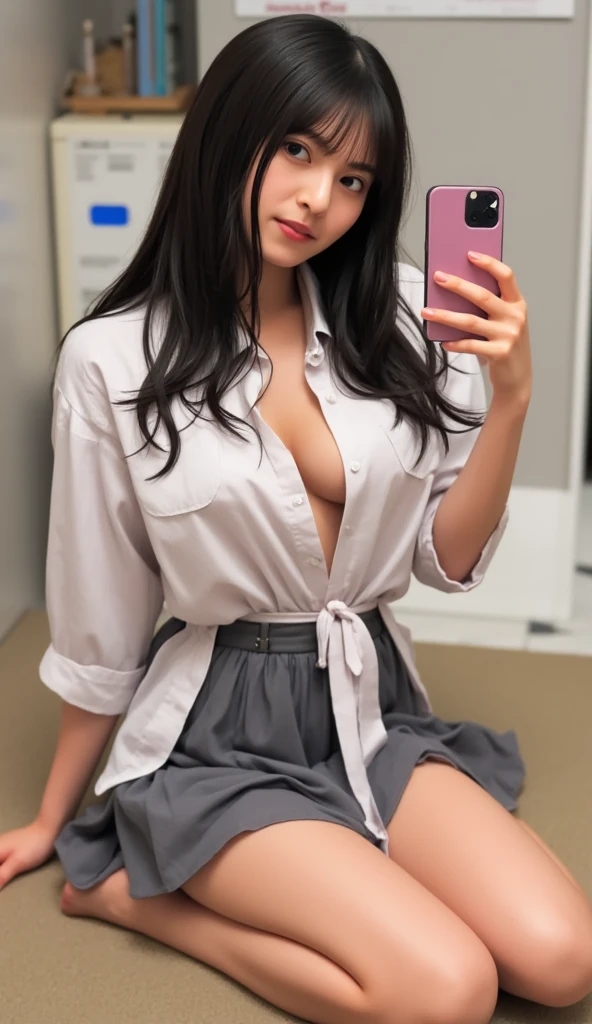 characters: (((19-year-old latina woman))).
character behaviour: (((flirtatious babysitter))).
appearance: (long brown hair), (brown eyes), ((nubile young body)), ((ripe breasts)), ((eyes half-lidded)).
when: ((at midnight)).
scenario: naughty babysitter in a tight shirt and very short skirt, posing seductively, taking a sexy selfie to send to her boss
