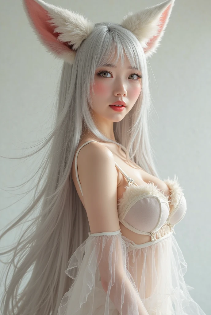 masterpiece、highest quality、cinema、(Detailed both eyes)、(cute japanese woman、bangs:1.3)、23 years old、1 girl、elegant、(black hair:1.1)、(auraroid photo:1.4)、(Cat ear、cosplay、sexy lingerie:1.4)、Poland、(Two-handed fist、cat pose、wink:1.8)