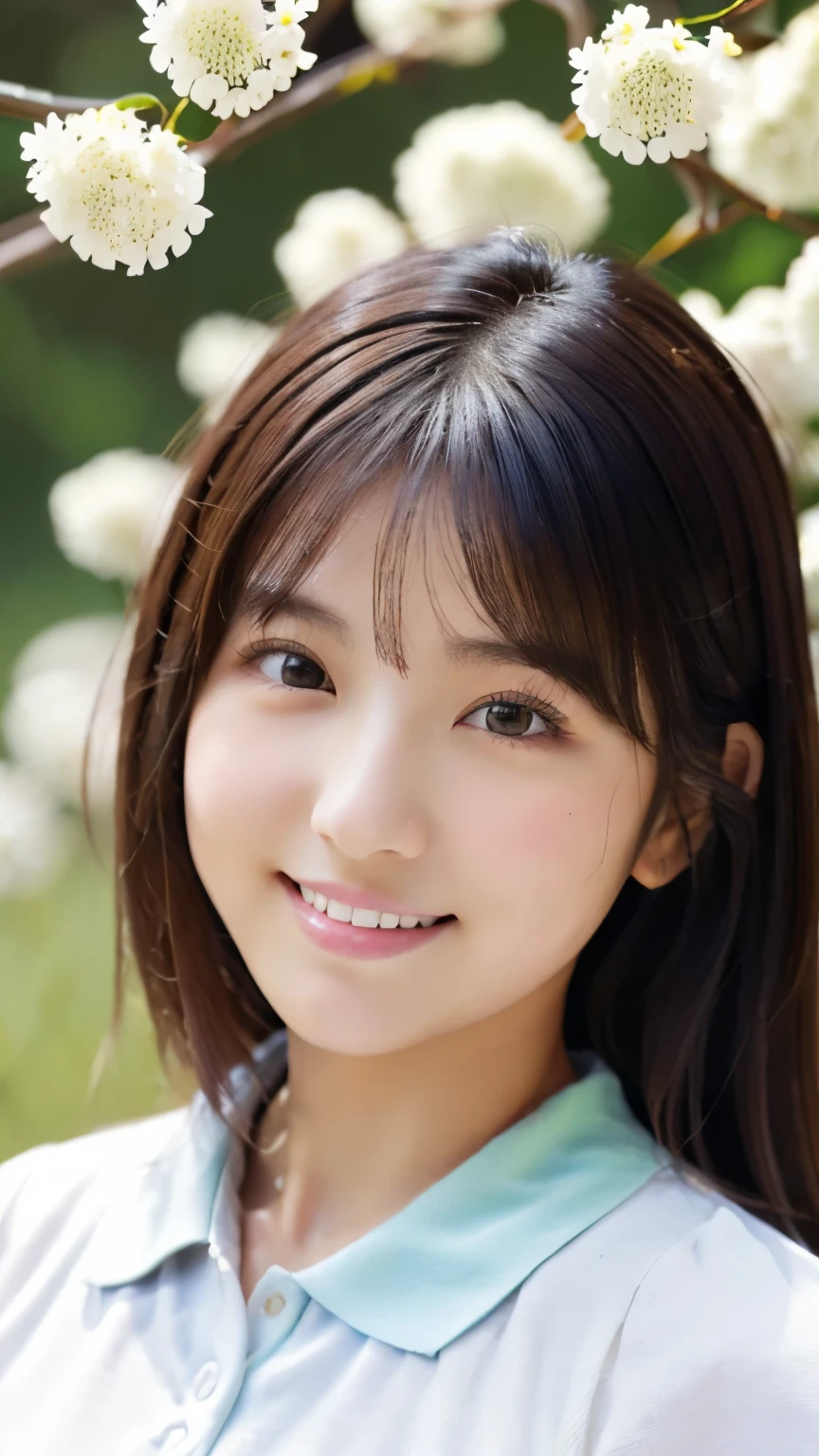(8k、RAW photo、best quality)、(realistic、photorealistic:1.3)、beautiful and detailed face that makes me crazy、Detailed texture of face、 fine and beautiful skin、skin texture with eyes facing directly above、super A high resolution、 full body shot 、 Beautiful and slim legs 、shortcuts for white doors、美しいJapanese woman、美しい young女性と、、Japanese woman、Beautiful Girl、 young、 adorable by design、Ulzzang、Cute girl face、 portrait of a Japanese female idol 、very pretty girl、(I'm wearing a plain white polo shirt、A field of white flowers on one side、nsfw:1.3)、(facing the front:1.2)、Clear skies, slender,