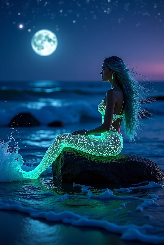 1 sexy elf woman barse in the lake, crouched down, almost her entire body submerged in the water, wet hair, dressed in green transparent elf outfit ..Masterpiece, super beautiful starry night sky, an elf woman in a translucent transparent dress, semi naked, the dress covers her parts. Panoramic camera perspective, seductive curvy body, blue eyes. detailed eyes, almond eyes, delicate face, detailed face. Super long wet light blonde hair, detailed body. semi naked body. Starry night, (star lighting).. (fireflies). butterflies, starry sky, firefly lights. landscape With many colorful flowers, Reflection of the Moon. back image, perspective from behind.