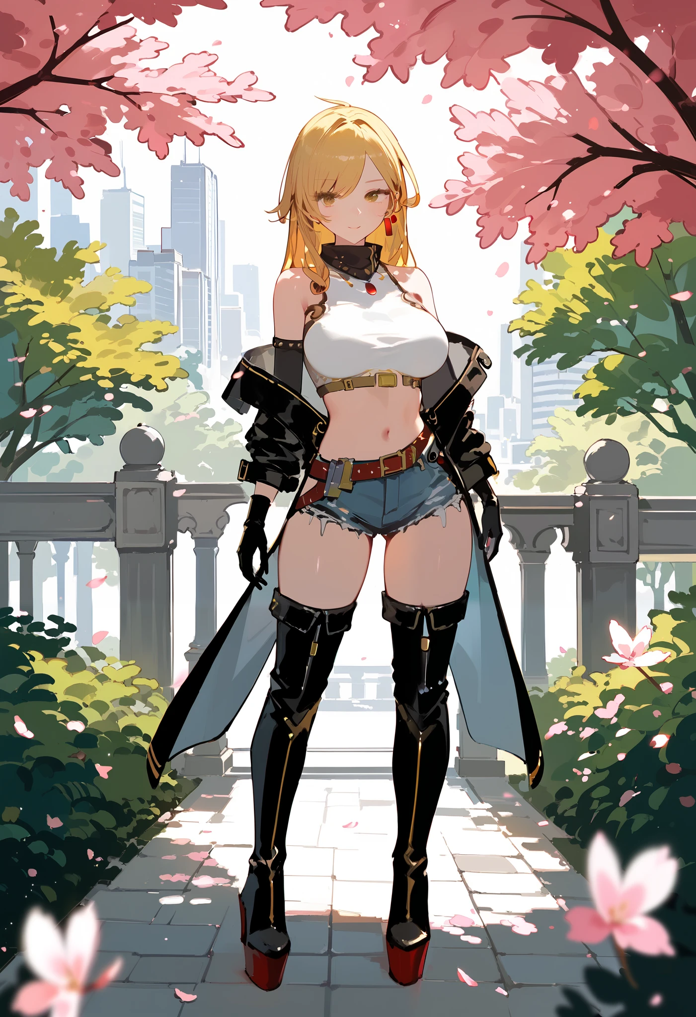 (masterpiece, highest quality),crop top, hot pants,off-shoulder jacket,jumpsuit Blonde, Beautiful adult woman, thigh-high boots, full body, long gloves, Big breasts, sexy, Seductive images, blonde white long hair, city with cherry blossom forest, (ultra detailed), (cowboy shot), (candid shot)