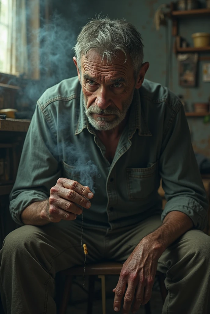 A man is sitting on a wooden chair smoking., think about how hard life is