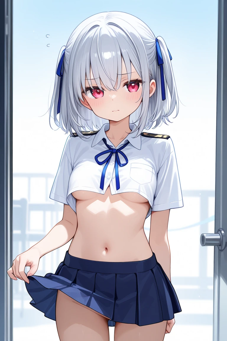 monochrome tone, black & white two tone (all image layer color), An anime girl with short hair standing in front of the sky, brown color eyes, school uniform, short skirt (check pattern), wearing headphone on neck, neck band (headphone), normal chest, 아름다운 쇄골, 아름다운 바디 라인, 아름다운 배꼽, 16-years-old girl, extreme hand detail, Promotional art, Shining Star, Visual Novel CG, official art, Key Art, shooting star, wallpaper!, official fanart, Promotional artwork, milky way,, Visual Novel Key Visual, masterpiece