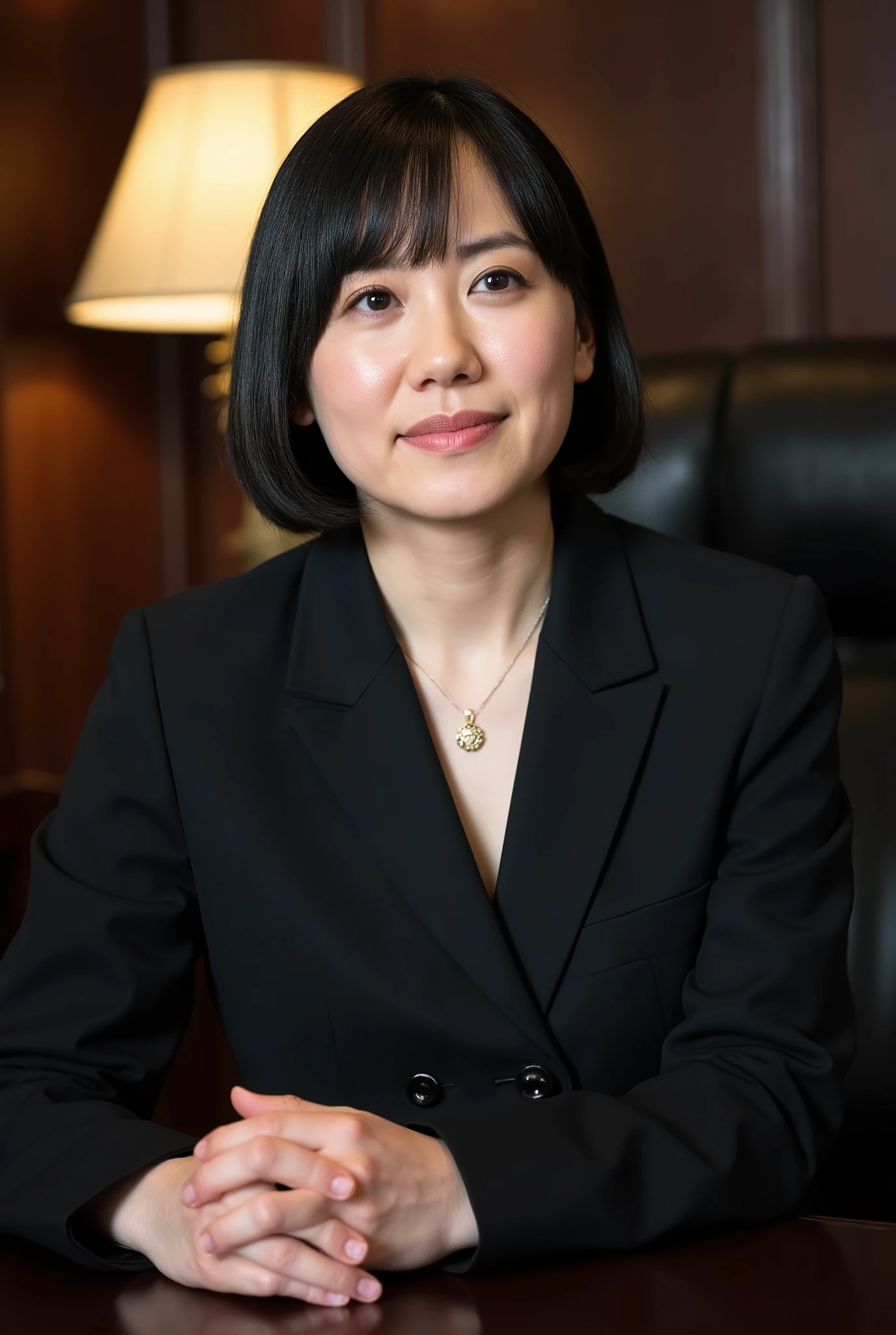 A mature woman between the ages of 40 and 45 is、wearing a jacket with the top 2 buttons open、chest is visible on the desk