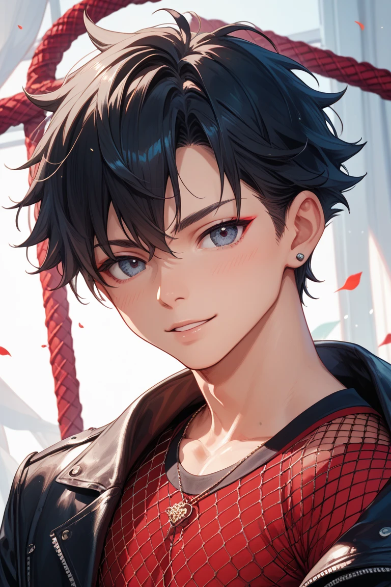 1boy, solo, tema vermelho, olhando para os lados com um sorriso e lingua de cobra grande, demonic dark black eyes, cabelo masculino cor de rosa curto, musculoso, retrato, do lado, demonio, ((macho jovem))
