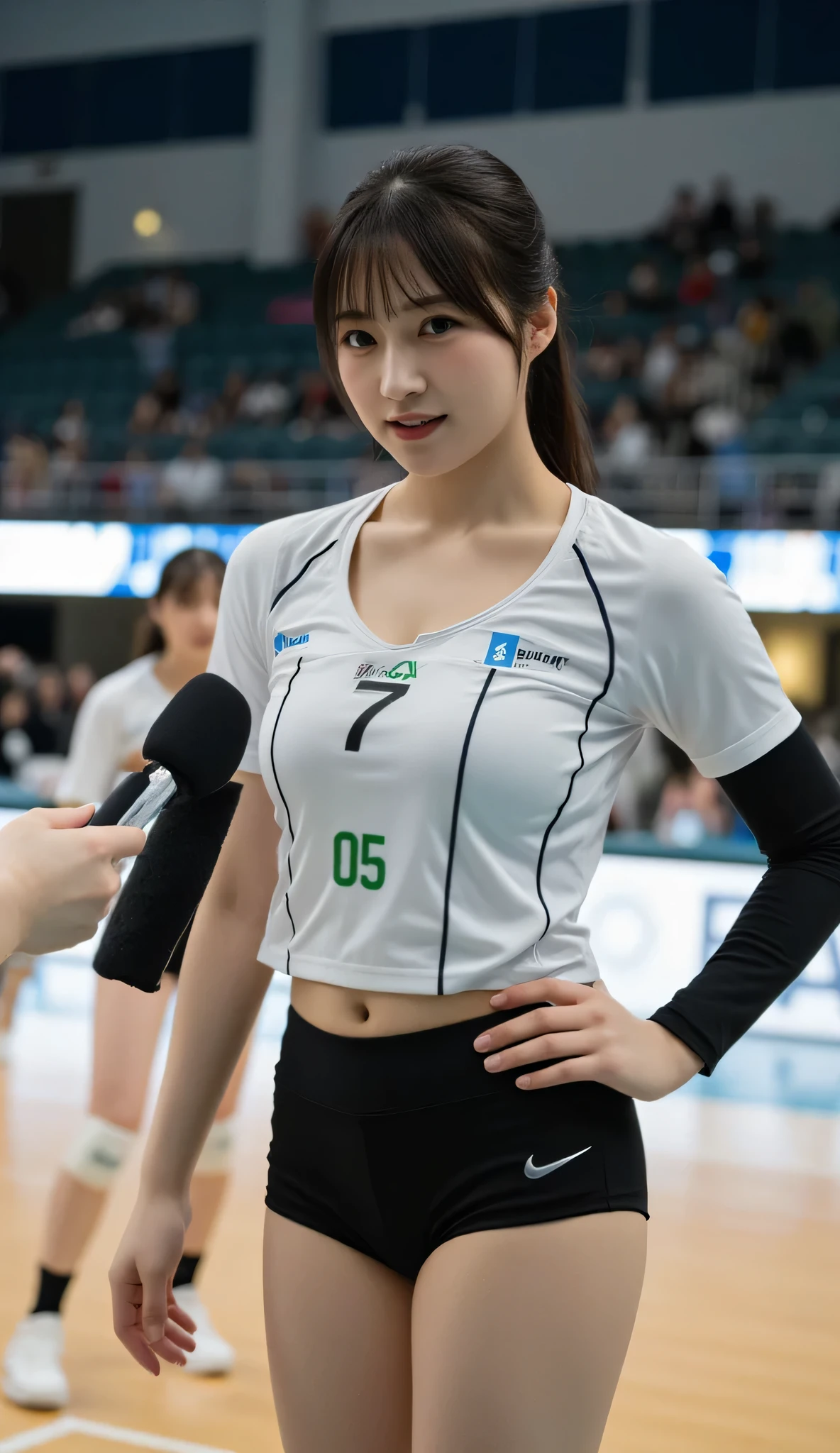 East Asian female volleyball player, 20 years old, full body, athletic curvy figure, wide hips, toned legs, tight short-sleeved volleyball jersey with low scoop neck, visible cleavage, random two-digit number on chest, high-waisted spandex shorts, visible navel, toned abs, body-hugging uniform, fair pale skin, slightly sweaty skin, light sweat on body, smiling while answering reporter, looking at reporter, confident and relaxed posture, short haircut, clean athletic hairstyle, black compression arm sleeves, white sports tape on fingers, athletic finger taping, standing near court edge, indoor volleyball arena, audience in seats, blurred female players in background, female reporter in foreground, soft lighting, cinematic depth of field, realistic style, broadcast camera quality, ultra high resolution, DSLR look, masterpiece