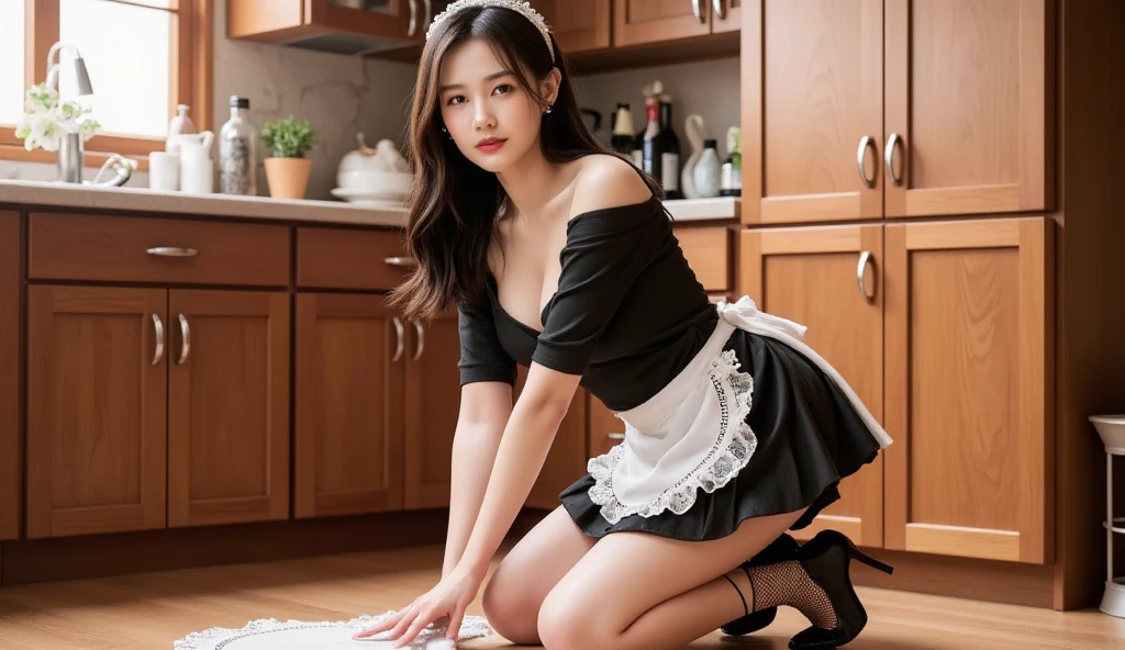 (hyperrealistic), (illustration), (high resolution), (8K), (extremely detailed), (best illustration), (beautiful detailed eyes), (best quality), (super detailed), (masterpiece), (wallpaper), (detailed face), solo, (dynamic pose), 1 girl, white wavy hair in the kitchen, korean, heterochromic eyes, small moles under the eyes, ((apron)), big breasts, long legs, tightens abs, (camel toes), (black stockings), (no panties), (no bra)