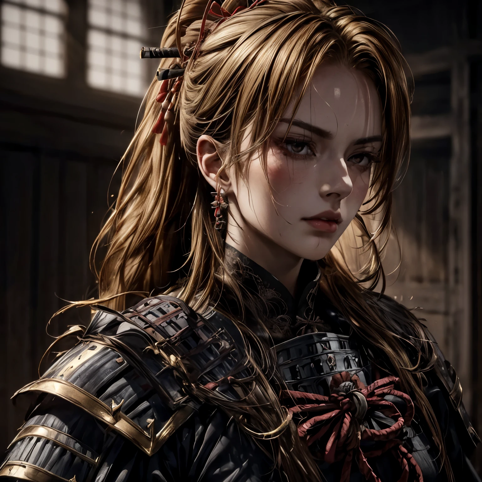 ((extreme quality)), ((Masterpiece)), ((Enrich the picture，Masterpiece level quality)), golden hair, high ponytail, very big breasts, golden eyes, fierce woman, ultra eyes details, RAW 4K, Realistically , ( cinematic lighting, moody, textile shading), perfect proportions, ultra detailed, volumetric lighting, soft lighting, glossy skin, beautiful face, Special face details, strong emotions, elegant gesture, Detailed facial features, Long eyelashes, contrast, Incredible atmosphere, Fascinating setting, Haunting beauty ,  samurai armor , upper_body,