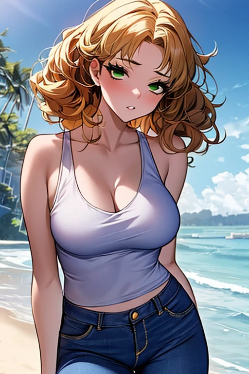 masterpiece, best quality,8k wallpaper, (kunikida hanamaru:0.999), (long hair:0.888), (breasts:0.878), (brown hair:0.875) ,(large breasts:1.0), facial details, detailed body part details, sitting , looking at viewer, white blouse, jeans shorts, thighs, navel ,glowing eyes, cowboy shot, sexy, sexy pose,plump, sedative smile, beach,solo