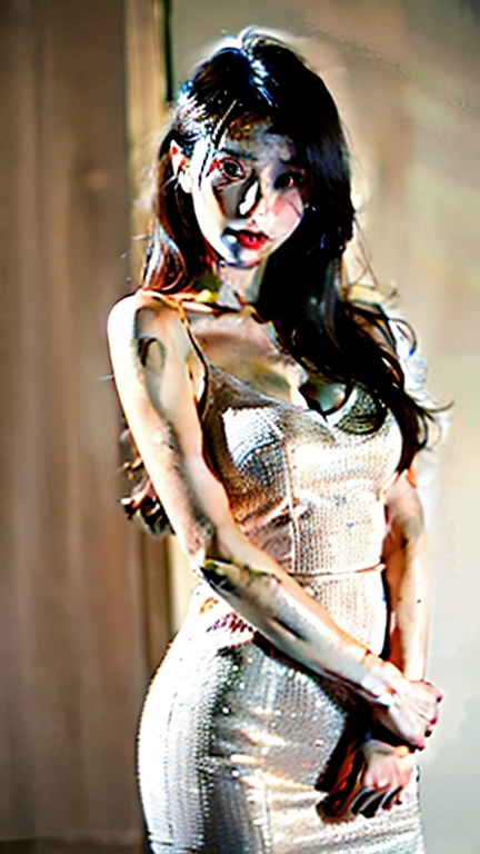 1 chica,vestido corto con ambertura en el pecho,pose sexi, lugar una antro ,moaning face