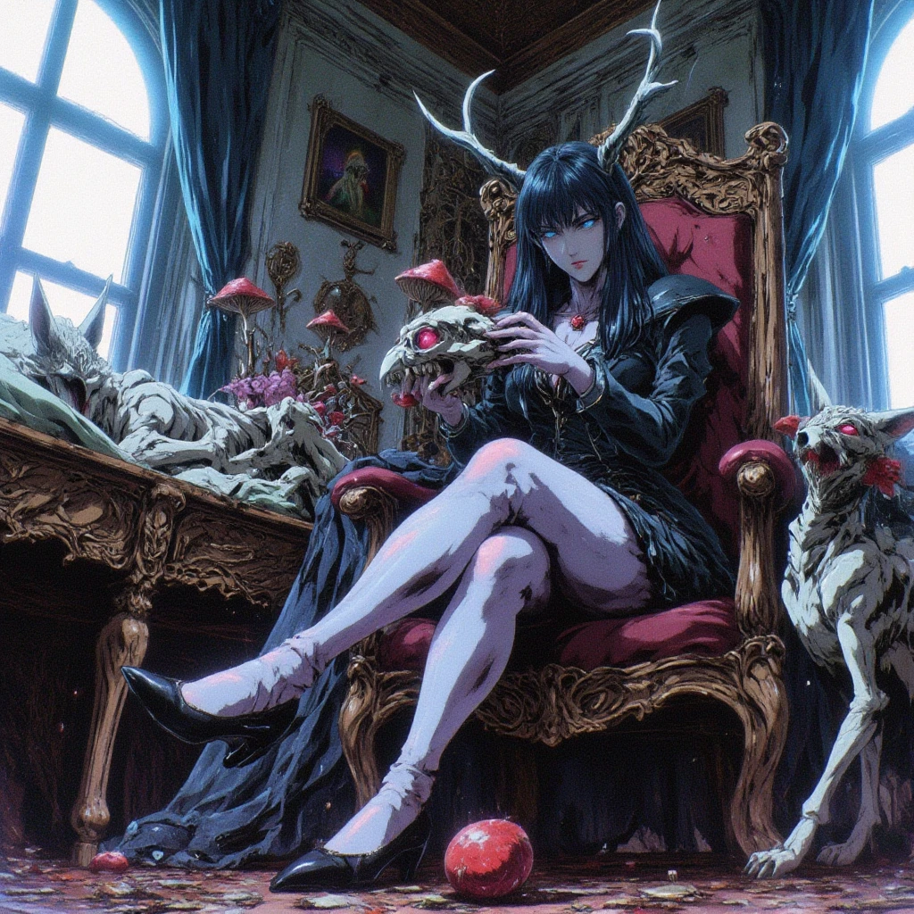 A low-angle perspective digital painting of a young woman Woman in profile with a bird mask of the plague doctor on her face wearing a baroque dress in her hands she holds the skull of a deer and mushrooms and flowers are coming out of it, baroque room and a skeleton fox on a bed
 with flowing, black hair that covers one eye, sitting on a chair with her legs crossed. The viewpoint is from below, drawing attention to her black high heels, particularly emphasizing the graceful arch of her foot. She wears a black leather jacket and a short skirt, exuding both elegance and authority. The background consists of a bright room with large windows, where natural light accentuates the softness of her skin and the polished sheen of her shoes. The image blends elements of femininity and strength, with a modern and sophisticated atmosphere.