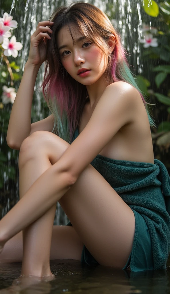 Menina bonita, menina jovem, 23 anos, Cabelo absurdamente longos, cabelo pintado de roxo, Gothic skin, wet body of water, sensualizando, apaixonada, sexy, realista.