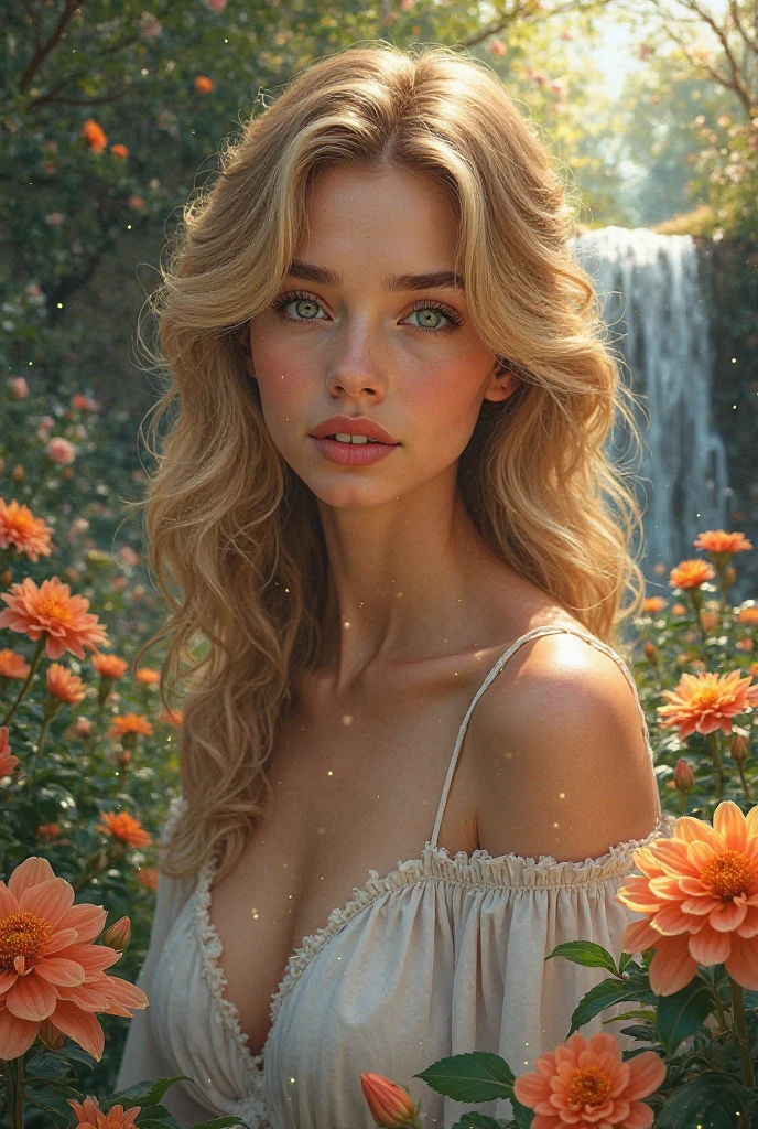 1woman, farmer, hands between knees, white country dress, field, intense blush, beautiful face, green eyes, blonde hair, crownbraid, ponytail, cleavage, dutch angle, sunlight, wind, sun flowers, corn field, lying on side, lying on haybail