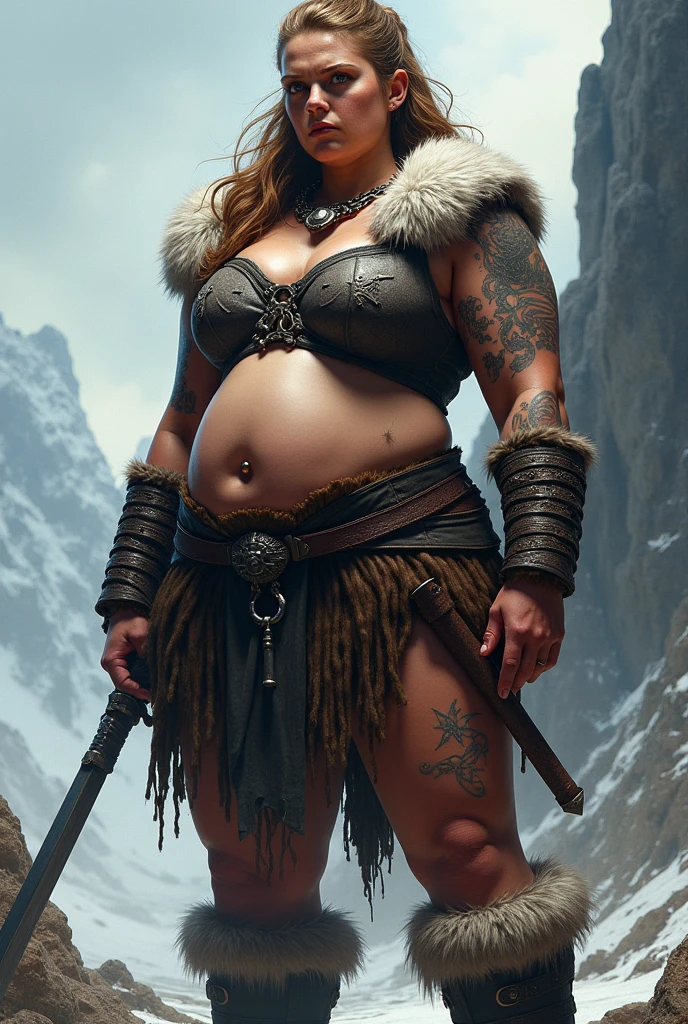 pregnant chubby barbarian woman slays wolf