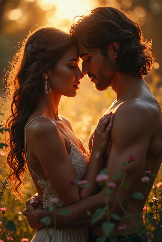 a nymph with tanned skin, green eyes and curly brown hair naked with a lush body next to her is a muscular and handsome man with dark blue eyes and jet black hair who is also naked, having a wedding ceremony both naked