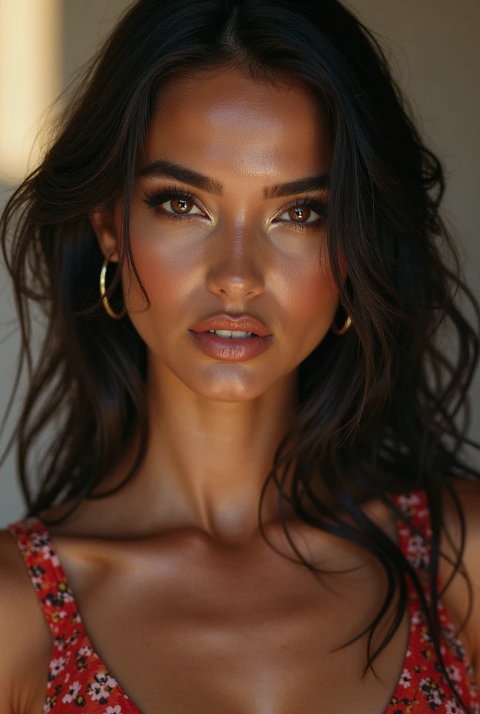 A beautiful Moroccan girl, dark brown eyes, 26 years old, almond shaped eyes, oval face shape, wavy hair, 170cm, 65kg, highly detailed face, detailed skin texture, ,natural lighting, dramatic shadows, warm color palette, portrait, realistic, photorealistic, 8k, masterpiece, red dress