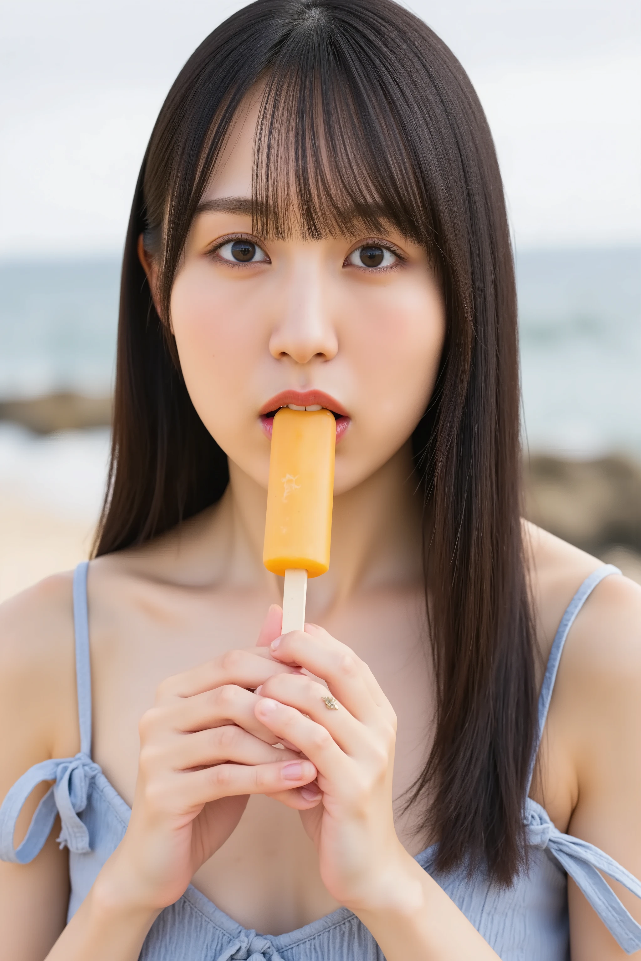 A high resolution photograph of a Japanese woman in off-shoulder sundress with sensual face viewed from the front, close-up of face. Her hairstyle is straight long black hair with blunt bangs. She has a tiny breasts and pale skin. She's holding a cylindrical popsicle in hand and licking it. It depicts detailed hands and detailed fingers.