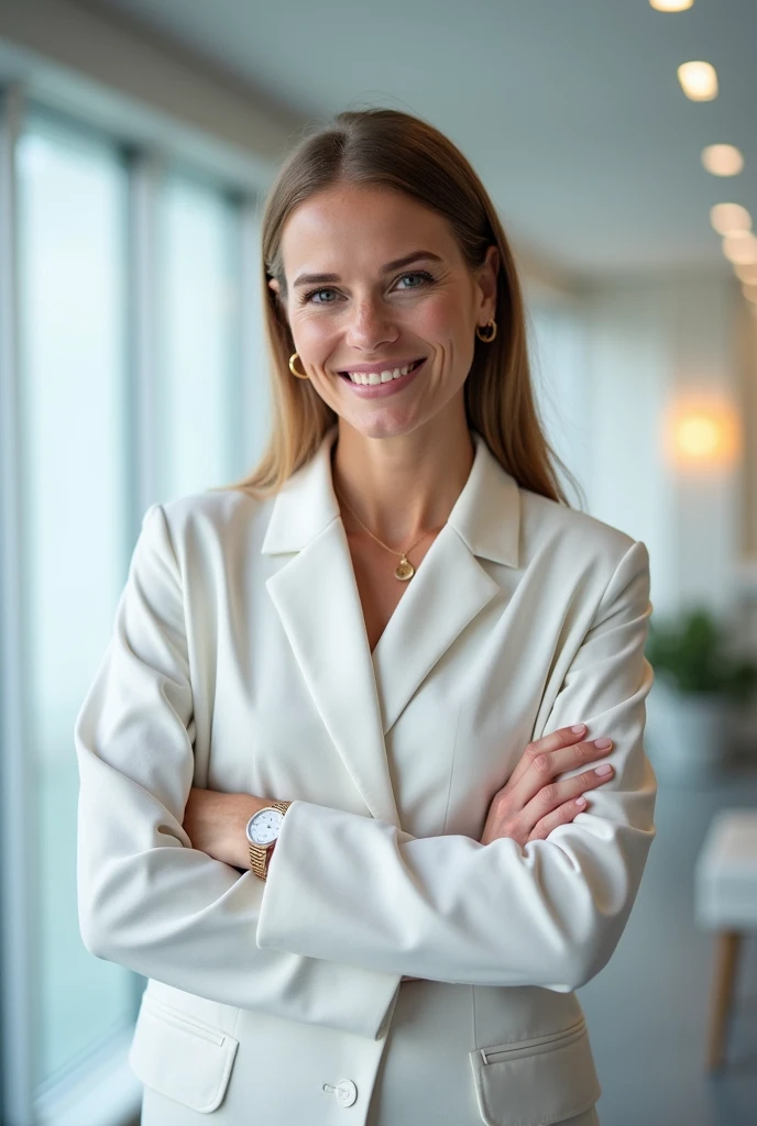 A mid 30 woman with straight blonde hair in a sleek ponytail, wearing a crisp white blazer and gold earrings, giving an interview to the press, standing outside a modern tech company headquarters.