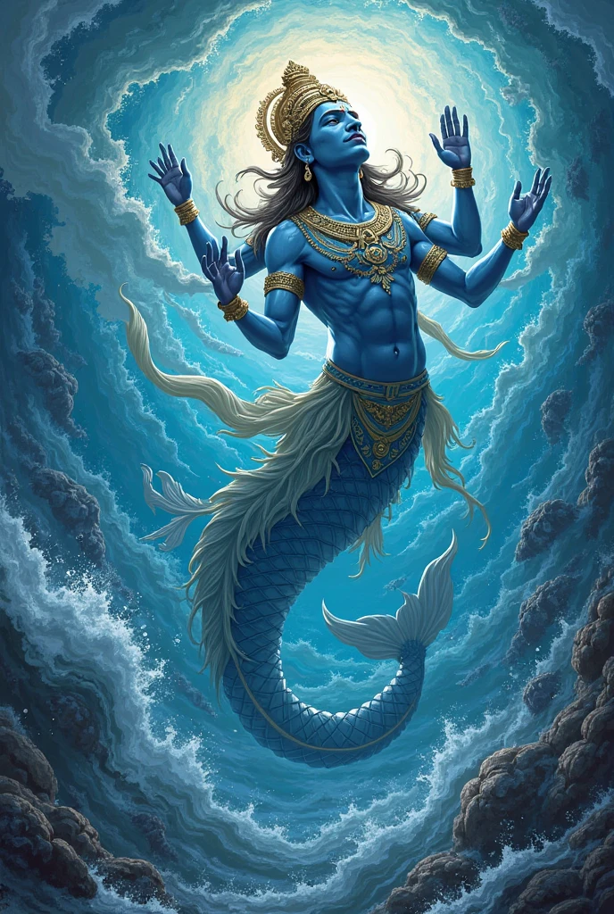 Create a woodcut style image digital art surreal art that depicts a lord krishna with divine characteristics, the figure is one chosen by the gods of spirituality,the figure is shrouded in clouds looking at the planets and ancestral signs,figure has a crowd of people around him who look at him with surprise and admiration,quantum art spread across the image,Use a vibrant color palette, including blue, oranges and whites, to create heavenly contrast and a stunning visual effect. The ornaments worn by krishna and krishna should highlight in this attire.body glowing. He was in sea and standing on 7 heads snake by folding tail. Sri krishna with many hands. The seven head snakes
