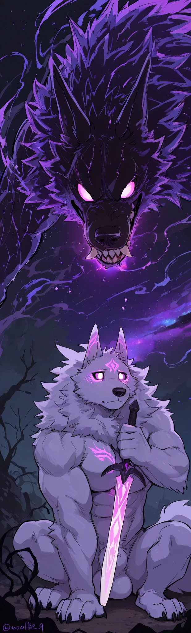 score_9, score_8_up, score_7_up, score_6_up, masterpiece, best quality, amazing quality, sitting, very aesthetic, absurdres, newest, scenery, (heartless, muscular, feral, big muscles, glowing galaxy, glowing purple public tattoo), 1male, Solo, closed Mouth, suductive expression, monster werewolf, white fur , detailed eyes, (sharp teeth), (by woolfie:), dog sheath, nude, dog sheath, furry balls, holding sheath, panting, tonguehanging out, , forging sword,