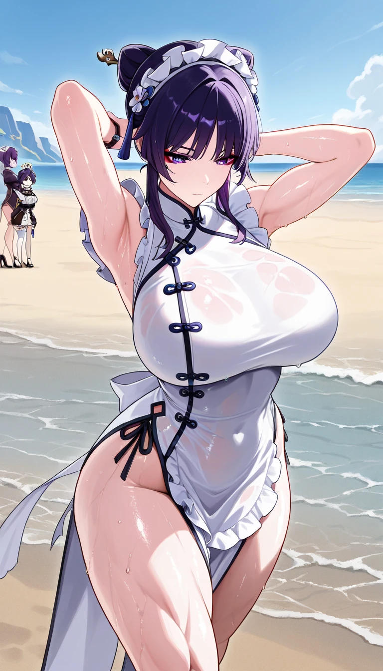Yunyun, full body, huge breasts, ahegao face, rolling eyes, white dress, standing, front view,