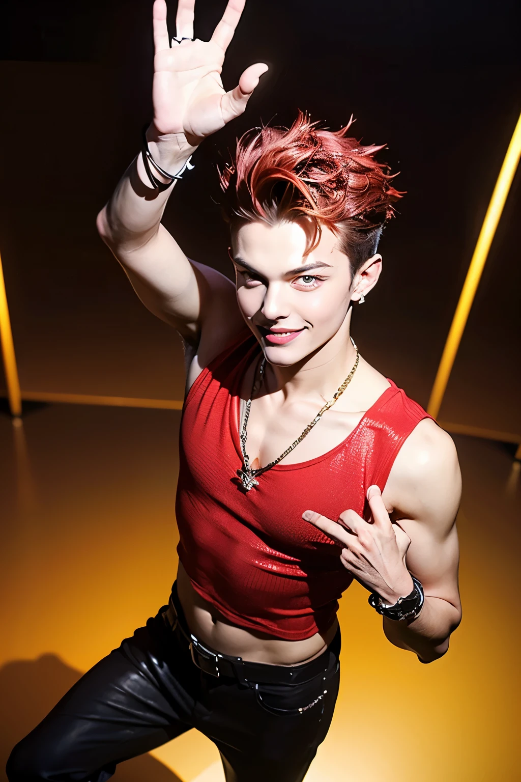 Dye the top of the short spiked hair red and the bottom yellow((Spiked hair dyed half red and half yellow))Men have long, slender eyes((Big red eyes with strong angles))top idol smiling man、Smooth, healthy skin、Thin chin and cheeks、Luxurious Necklaces、 gorgeous earrings、luxurious bangle、Luxury belt、Man is a 27 year old top model、短いspiked髪、short spiked hair dyed yellow and half red、from above、 look at viewer((Raise the correct five fingers and palm high))red short spiked hair、model pose（Luxurious Patterned Tank Top and Brown Leather Trousers）raise one hand up and show your palm、standing with a smile