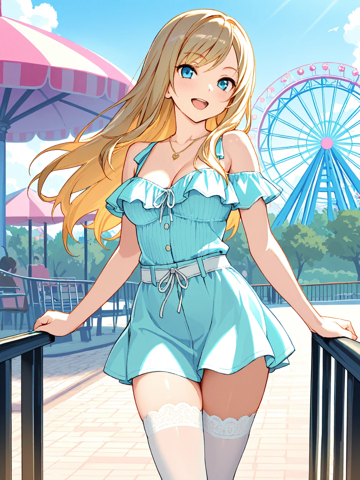 drawing, dramatic, 1girl, cute European girl, blonde hair, sundress, (medium breasts), (Beach boardwalk, Amusement park, Ferris wheel, Carousel, Cotton candy, Arcade, Roller coaster)