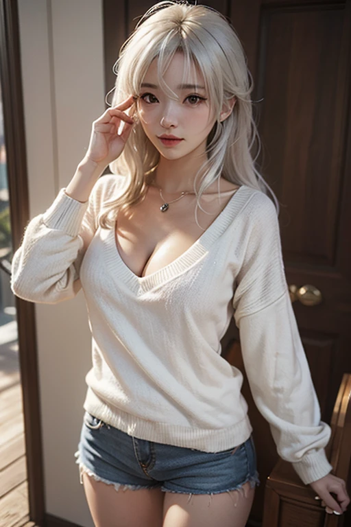 A beautiful girl, with brown-white hair, with curly tips, with two bows on each side of her hair, all her hair brown-white, with a star clip in her brown-white hair, light-colored eyes, beautiful eyes, teary eyes, a beautiful and perky nose, a teary nose, pretty lips, pink lips, heart-shaped and cupid's bow lips, beautiful pale skin, white skin, with freckles and moles all over her face, soft pink blush on her cheeks, natural pink blush, soft and pink makeup, a cruel gothic girl, a beautiful neck, a marked neck, furrowing her brow, a tender gaze, wearing a kiss necklace, a beautiful kiss necklace, resembling Yumeko Jabami, wearing a shirt, a Crochet YK2, with a YK2-style brown miniskirt, while wearing a jacket with teddy bear prints, with a bare, slim, and beautiful abdomen, (large breasts, soft breasts, beautiful breasts), while cosplaying as the character Yumeko Jabami from the anime Kakegurui, looking at the camera, taking a nice selfie.