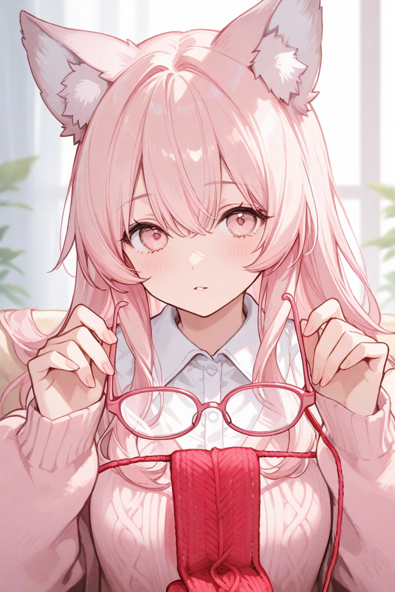 IMVU, pink hair, pink heart eyes, white round glasses, pale skin, white and pink cow ears, white horns with pink bows, fuzzy white jacket with pink spots, pink cowbell choker, kawaii, soft, high quality, masterpiece, 8k