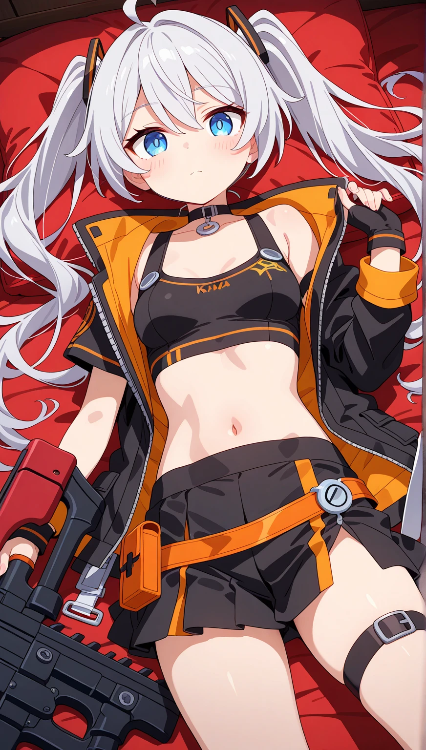 1girl, weapon, solo, gun, holding_gun, long_hair, pantyhose, holding, miniskirt, stomach, holding_weapon, one_eye_closed, navel, skirt, gloves, choker, brown_pantyhose, black_gloves, breasts, looking_at_viewer, pouch, jacket, open_clothes, smile, belt_pouch, open_jacket, handgun, ponytail, cropped_jacket, yellow_eyes, midriff, belt, white_jacket, small_breasts, white_skirt, long_sleeves, black_background, hair_ribbon, ribbon, ahoge, white_hair, half_gloves, collarbone, hand_up, standing, crop_top, closed_mouth, black_pantyhose, swimsuit, bikini, black_choker, side_slit, trigger_discipline, simple_background, cleavage, very_long_hair