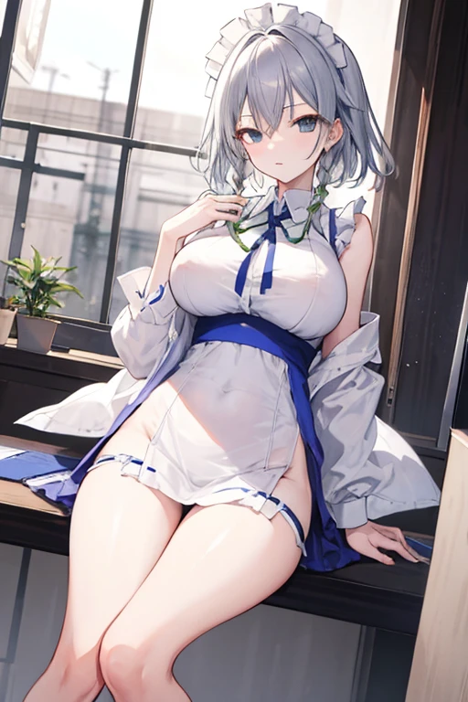 ((nikkeadmi)),nsfw,((solo girl)),((Perfect body,))((Super beautiful,))((High quality,)), (sweaty,wet fullbody,)Steam,blush,Shiny,love hotel room,thigh-high socks,cowboy shot,(pov, Looking at Viewer,),small breast,half open eyes,collar,((Pleated skirts that are too short and expose underwear,Lift up the hem of her skirt to show off her crotch)),((white jacket,vest,very short pleated skirts,Pleated skirts that are too short and expose underwear,)),spread legs,white sexual underwear,((Turning your back to me, sticking out your butt,))She turns around with her back to me, sticking out her butt,from back view,Directly behind,