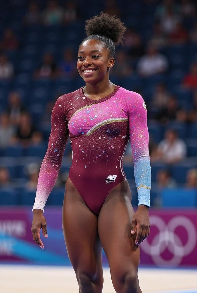 Olympic gymnast, solo, brazilian, Rebecca Andrade, black girl, (black girl:1.6), (brown skin:1.8), (full mouth:1.4), perfect mouth, brown round eyes, small beautiful nose, black curly hair, gymnast updo hair, beautiful, perfect face, work of art, best qualityer, (black background), (best qualityer), (realistic photo), (best shade), absurderes, realistic lighting, (abyss), beautiful detailed glowing, worship the flock, tight gymnast clothes, full body, in olympic gymnastics presentation, perfect butt, flat chest, face perfect, holding a gold medal with hands, Paris Olympics 2024, brazilian flag on uniform, silver gymnast uniform, tight suit, smiling, perfect teeth, medium angle, front view