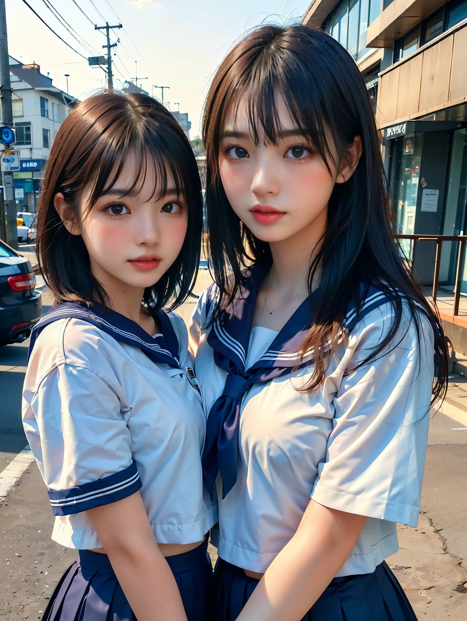 ((two girls:1.5, Two girls standing side by side)), ((sailor suit, mini skirt)), (((The girl on the left has large breasts, The girl on the right has small breasts:1.4, The girl on the left has short hair, The girl on the right has long hair, The girl on the left has a cool expression, the girl on the right has a cute expression:1.2))), ((pale skin:1.3)), (smile, baby face:1.3), sunset lighting, in street, crossroad, (best quality), realistic, (live-action, complicated details), Natural Skin Texture