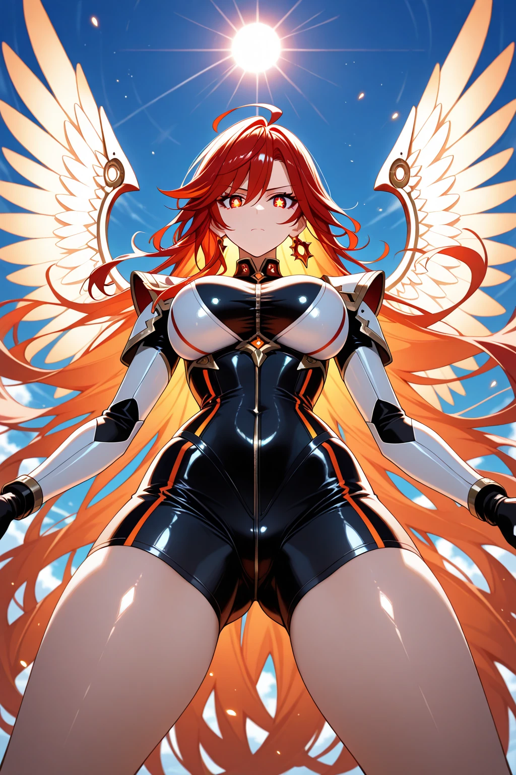 (Masterpiece, Best Quality, High Quality),volumetric lighting, illustration, beautiful,Kousaka honoka, cowboy shot, blue eyes, orange hair, white bodysuit, goddess wings, gold tiara,on heaven, blue sky, thighs , humiliated ,thigh strap