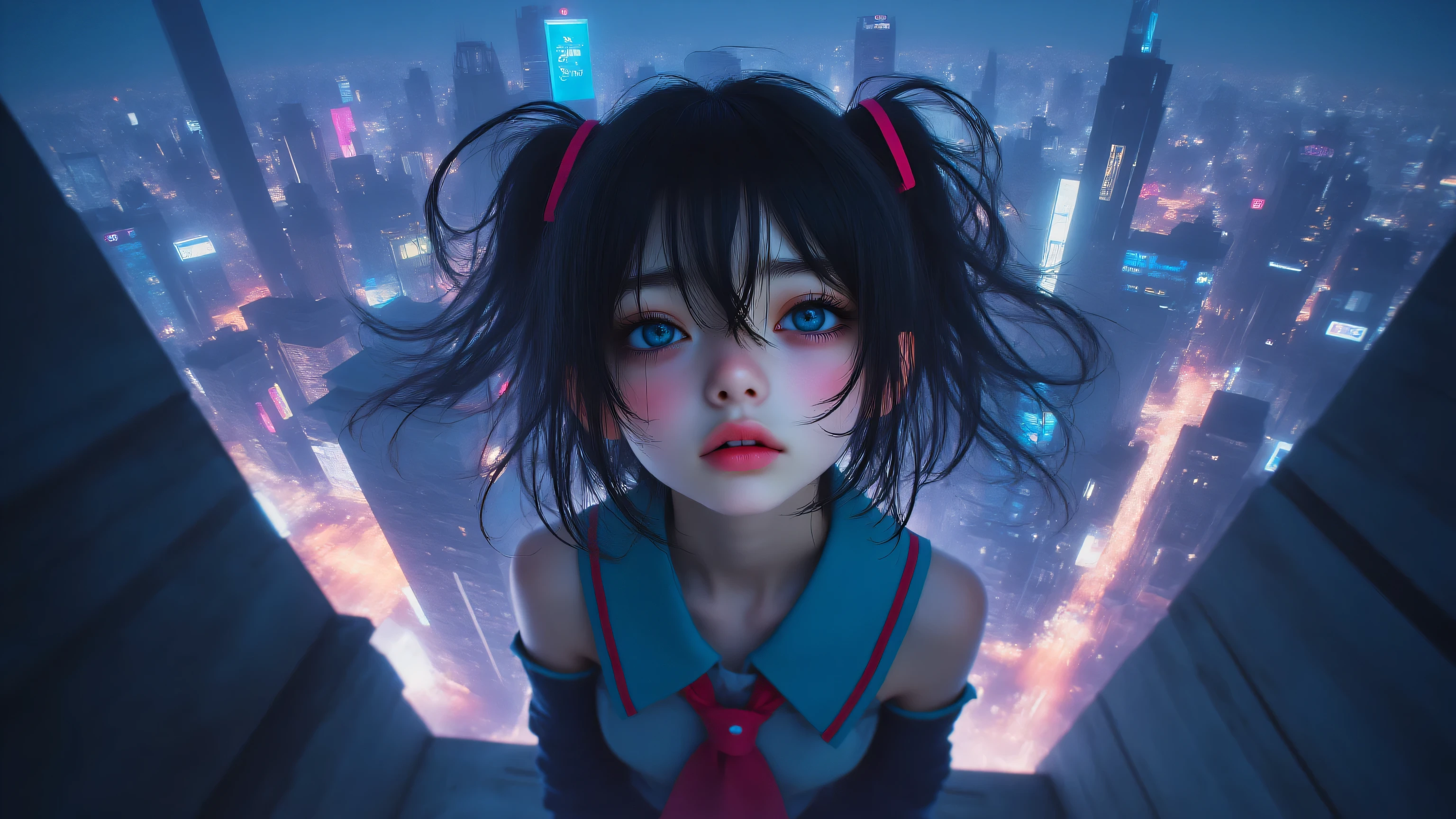High quality professional photography,realistic, drone perspective， an Asian girl ,vivid and realistic facial details,Wearing Hatsune Miku's costume,Standing on the roof of a tall building in the city,Night view of the city is huge and spectacular,Overhead compositional perspective,4k HD,super detailed,Photoreal,Realism,professional-grade photo,Natural Light,soft light and shadow,Blue-purple hue,Dreamy atmosphere