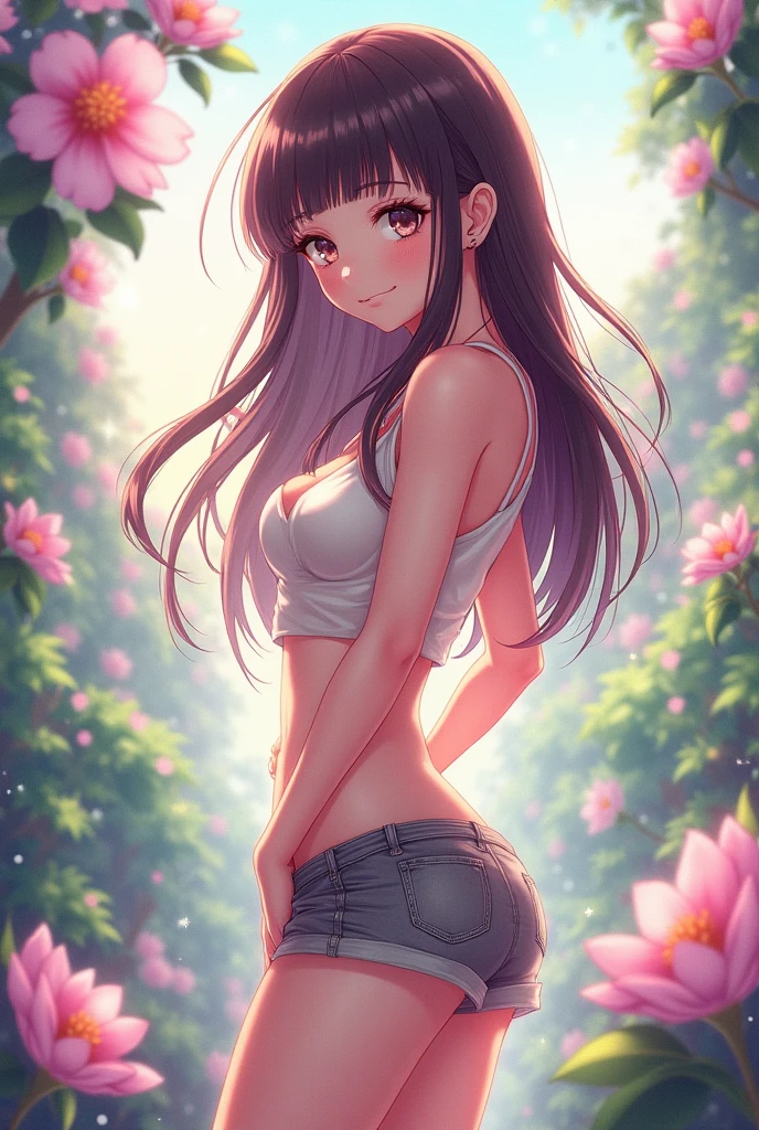 create a picture , of a girl wearing shorts and she is sitting in a position where you can see her underwear