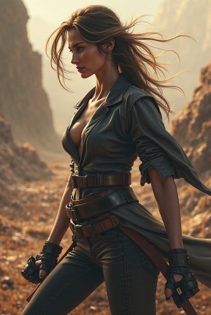 (masterpiece), cartoon, best quality,(photo_(medium):1.0), by Antonio J. Manzanedo, by Jeremy Lipking, lightning, in a surreal sand desert landscape, (sand storm).painting style with watercolor, Brushstrokes, black eyes,colorful,vibrant colors,1 ultra hot gorgeous European woman. Auburn hair. Large breast. Cleavage. Casual clothes.