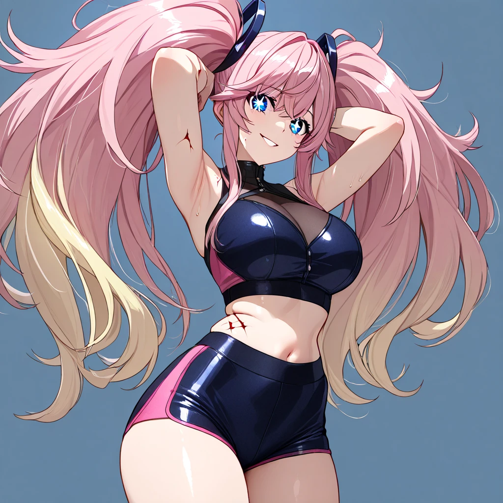 1 Girl, Neon Pink Crop Top , Neon Pink Latex Pants, Medium Breasts, Blue Eyes, Platinum White Hair, Twin Tail Hair Style, Pale White Skin, Smooth Skin, Face Freckles, Nice Cleavage, Slutty, Sexy, Sassy, Smirking, Tease, Teasing