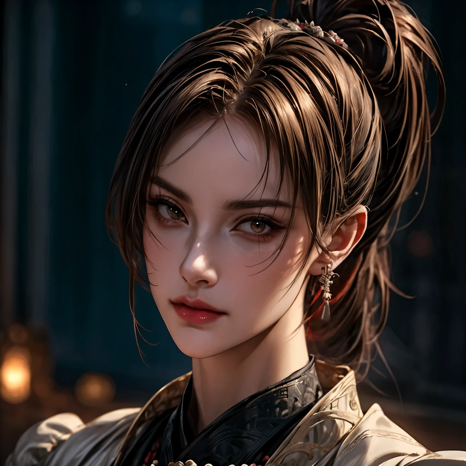 ((extreme quality)), ((Masterpiece)), ((Enrich the picture，Masterpiece level quality)), golden hair, high ponytail, very big breasts, golden eyes, fierce woman, ultra eyes details, RAW 4K, Realistically , ( cinematic lighting, moody, textile shading), perfect proportions, ultra detailed, volumetric lighting, soft lighting, glossy skin, beautiful face, Special face details, strong emotions, elegant gesture, Detailed facial features, Long eyelashes, contrast, Incredible atmosphere, Fascinating setting, Haunting beauty ,  samurai armor , upper_body,