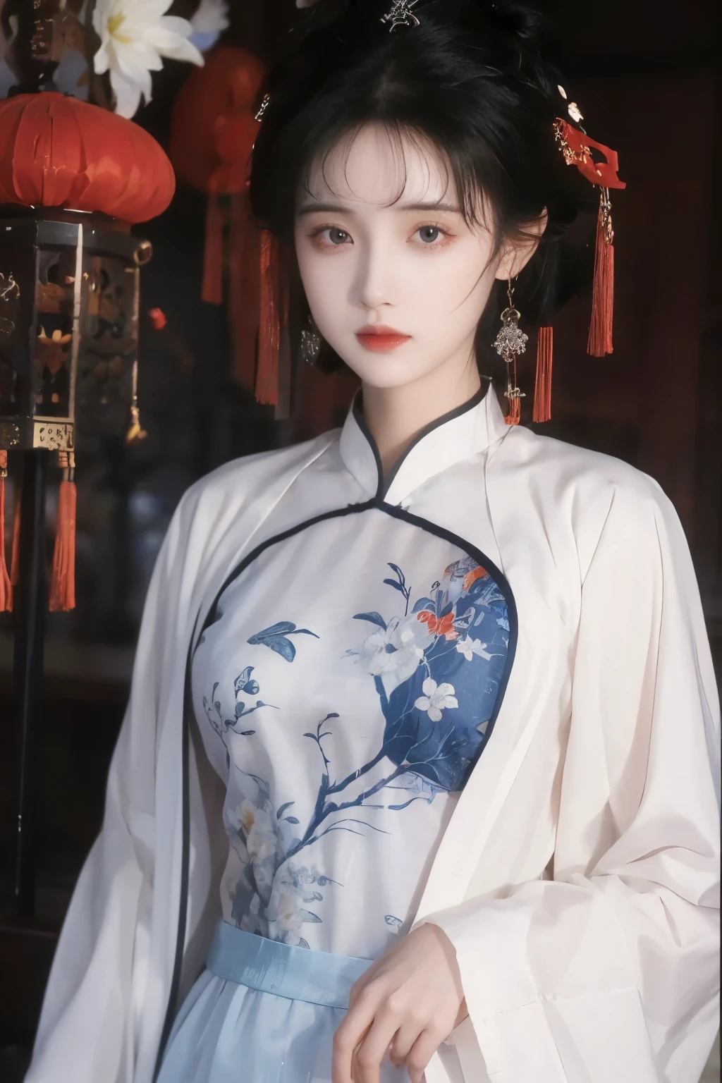 ( masterpiece, top quality, best quality, official art, beautiful and aesthetic:1.2), (1 Girl:1.3), flat chest, extremely detailed,(Fractal Art:1.1),(Flowers:1.3),Highest Detail,(dynamic pose), (background:1.3), (Traditional Chinese blue and white clothing:1.2), (shiny skin), ( many colors :1.4), ,(earrings:1.1),