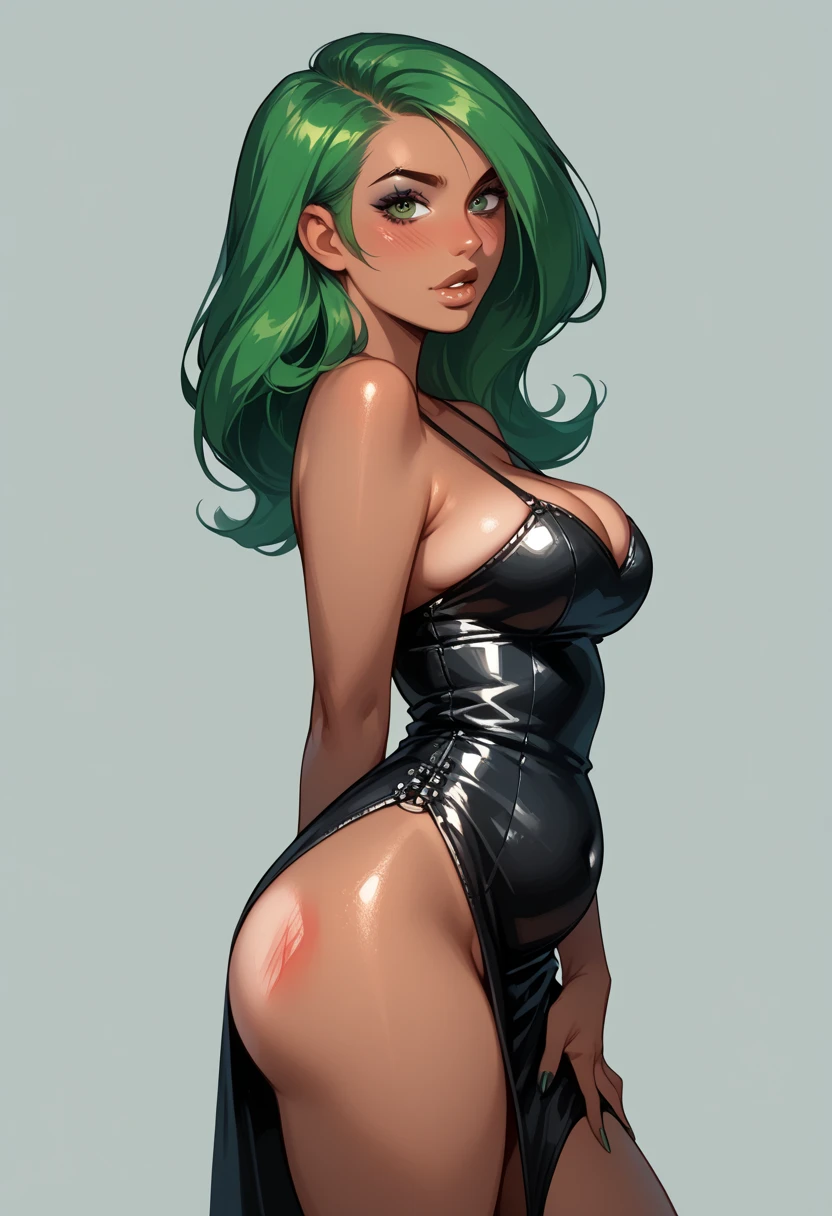 (masterpiece, top quality), (medium),official art, beautiful and aesthetic:1.2),(gwen:1.3), (fractal art:1.3), Aletta ocean face, total drama island, (teal hair), ((black sling bikini)), from side, (slendered abs:1.3), ((choker around neck)), black bracelets, (cleavage:1.2), black boots, looking at viewer,(((black lipstick))), stars in the background,((black gloves)),((gigantic breasts:1.5)), (((long bob-cut))),((ultra green eyes:1.5)),((extremely detailed CG unity 8k wallpaper,masterpiece, best quality)), ((ultra-detailed:1.5)),(best illumination, best shadow, an extremely delicate and beautiful),(extremely detailed CG unity 8k wallpaper,masterpiece, best quality, ultra-detailed),(best illumination,  best shadow, an extremely delicate and beautiful),(masterpiece), digital art, otherworldly, a burst of color, explosive energy, chaotic beauty, (hair straight:1.2,hair hangs down:1.2), (background: broken, shattered, fractured), (light: flickering, pulsating, radiating).