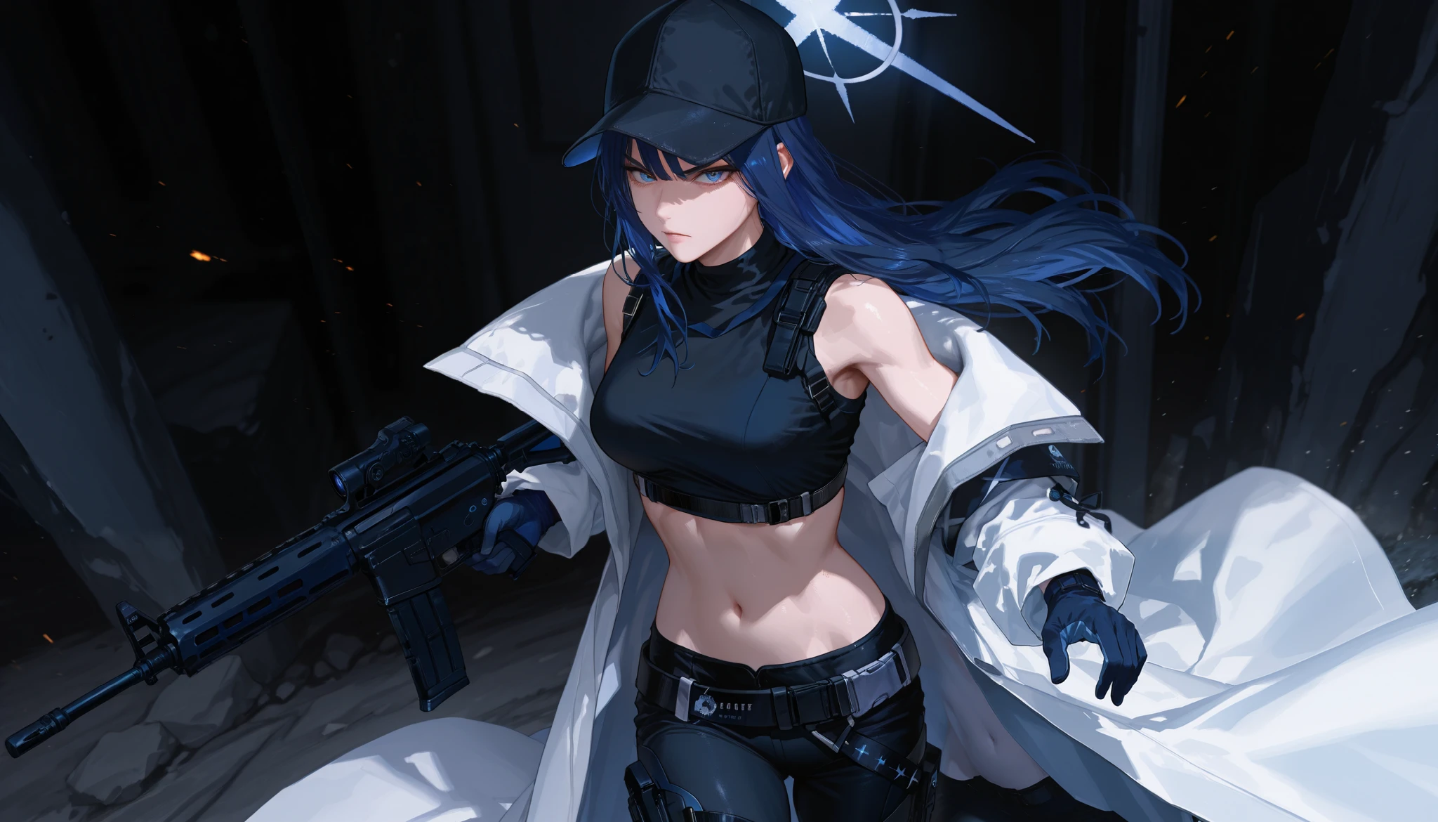 saori joumae , blue eyes , blue hair , halo , long hair , bare arms , bare shoulders , belt , black headwear , black pants , black shirt , blue gloves , crop top , gloves, midriff , navel, shirt , sleeveless, white coat, open coat, long sleeves, looking at viewer, action poses, holding assault rifle