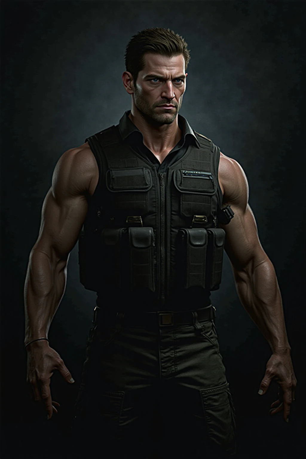 1 person, alone, 35 years old, chris redfield, Wearing a gray T-shirt, serious face, looking at camera, Shoulders black,bsaa logo on shoulder, military tactical uniform, equipment, tall and strong, biceps, abdominal muscles, Chest, best quality, masterpiece, High resolution:1.2, upper body shot, Dark dark corridor,No background